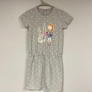 JAK0-0 Girls' Gray polka Dot Dress, with cute girl graphic, size 140 (10-11)